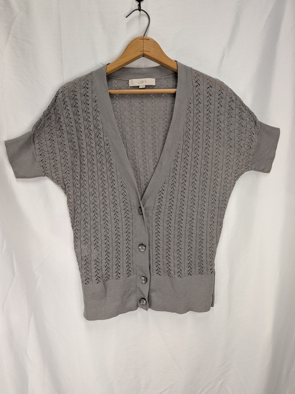 LOFT Light Gray Open-Knit Short Sleeve Button Cardigan